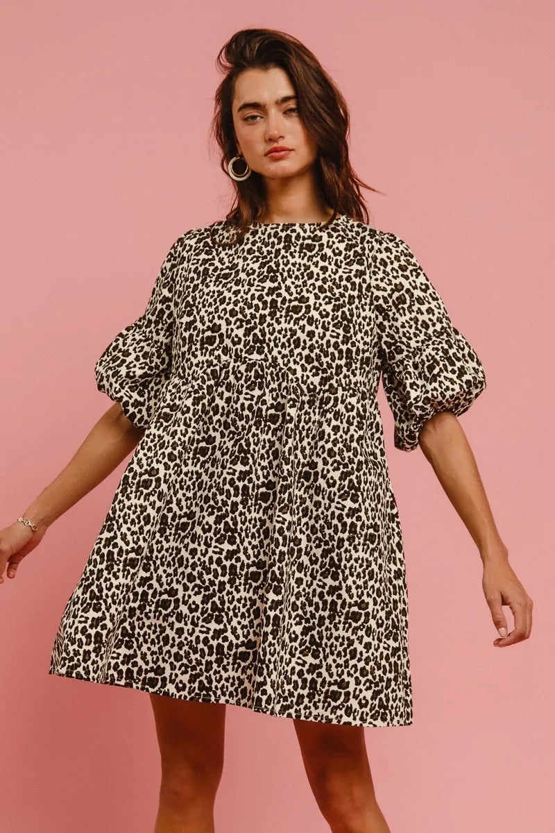 BiBi Leopard Denim Dress With Back Contrast Tie Detail-0