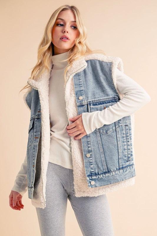 Aemi + Co 2-Piece Faux Denim Patch Sherpa Vest Coat-0