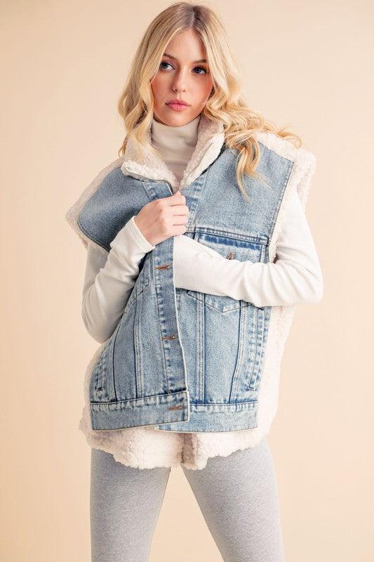 Aemi + Co 2-Piece Faux Denim Patch Sherpa Vest Coat-1