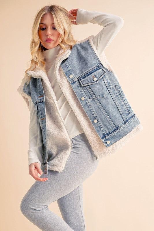 Aemi + Co 2-Piece Faux Denim Patch Sherpa Vest Coat-4