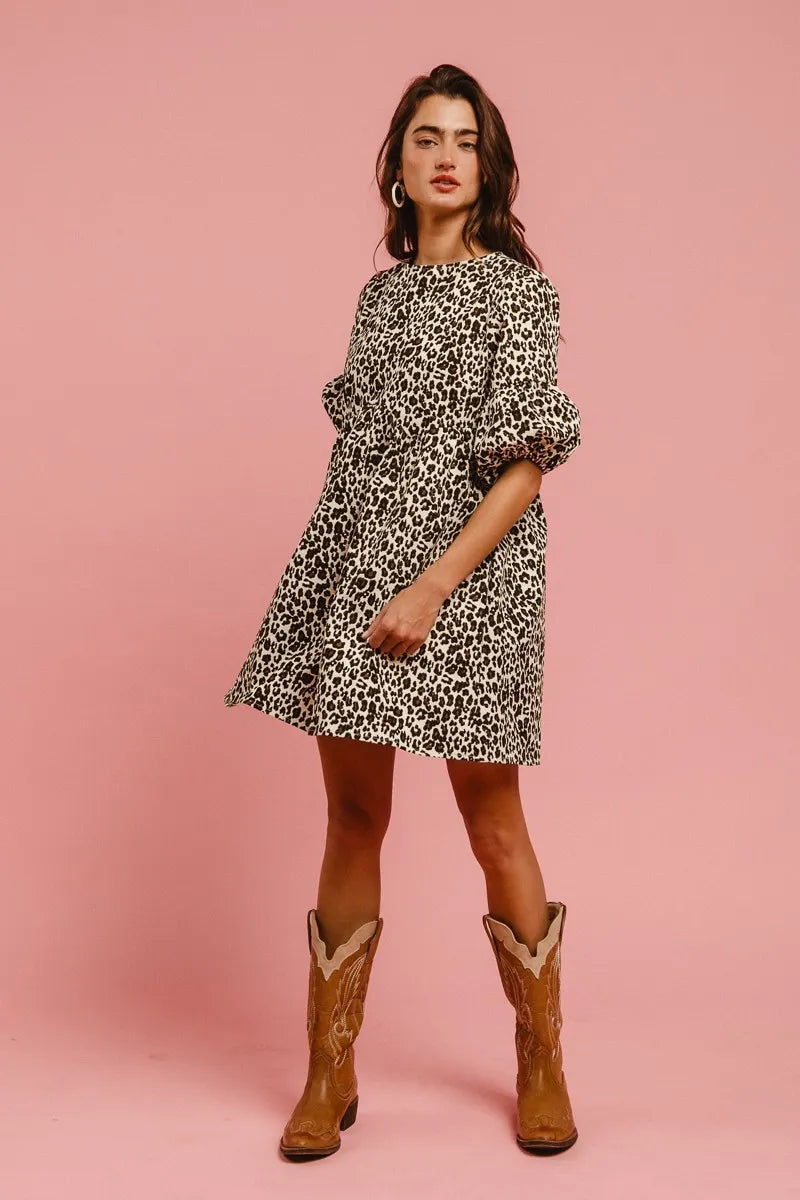 BiBi Leopard Denim Dress With Back Contrast Tie Detail-4