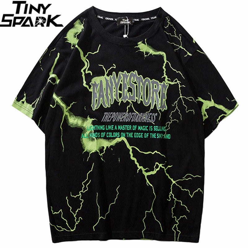 Mens Hip Hop Dark Lightning Tshirt Streetwear Summer Cotton Harajuku T-Shirts Short Sleeve Tops Tees Street Wear