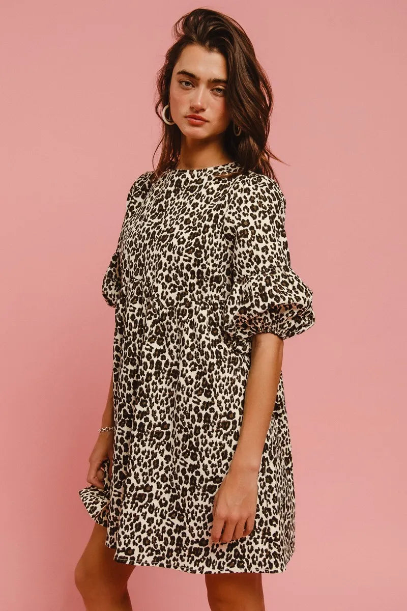 BiBi Leopard Denim Dress With Back Contrast Tie Detail-1