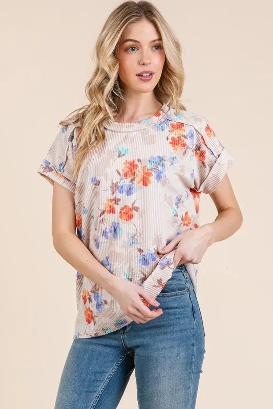 BOMBOM Floral Round Neck RIbbed T-Shirt-0