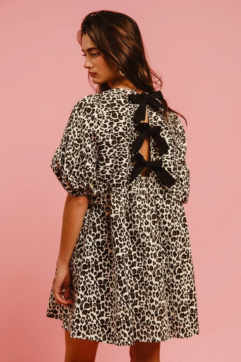 BiBi Leopard Denim Dress With Back Contrast Tie Detail-2
