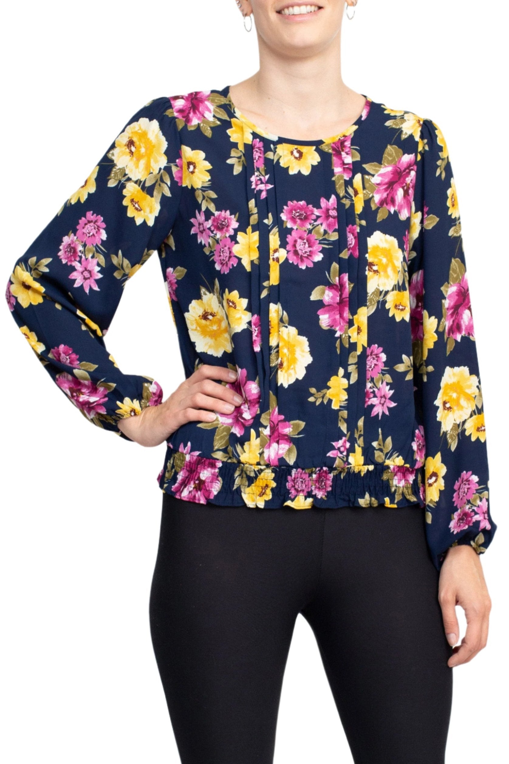 Counterparts Crew Neck Long Sleeve Elastic Cuff Pleated Front Multi Print Crepe Top