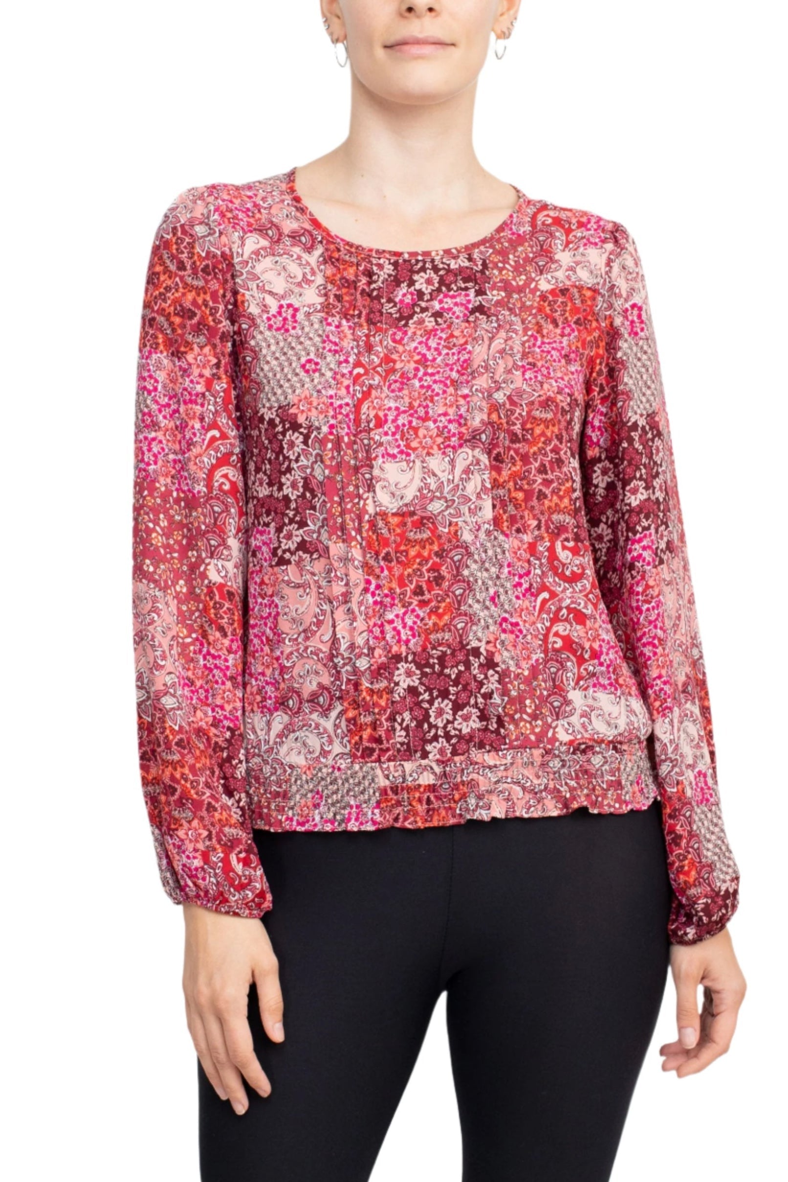 Counterparts Crew Neck Long Sleeve Elastic Cuff Pleated Front Multi Print Crepe Top