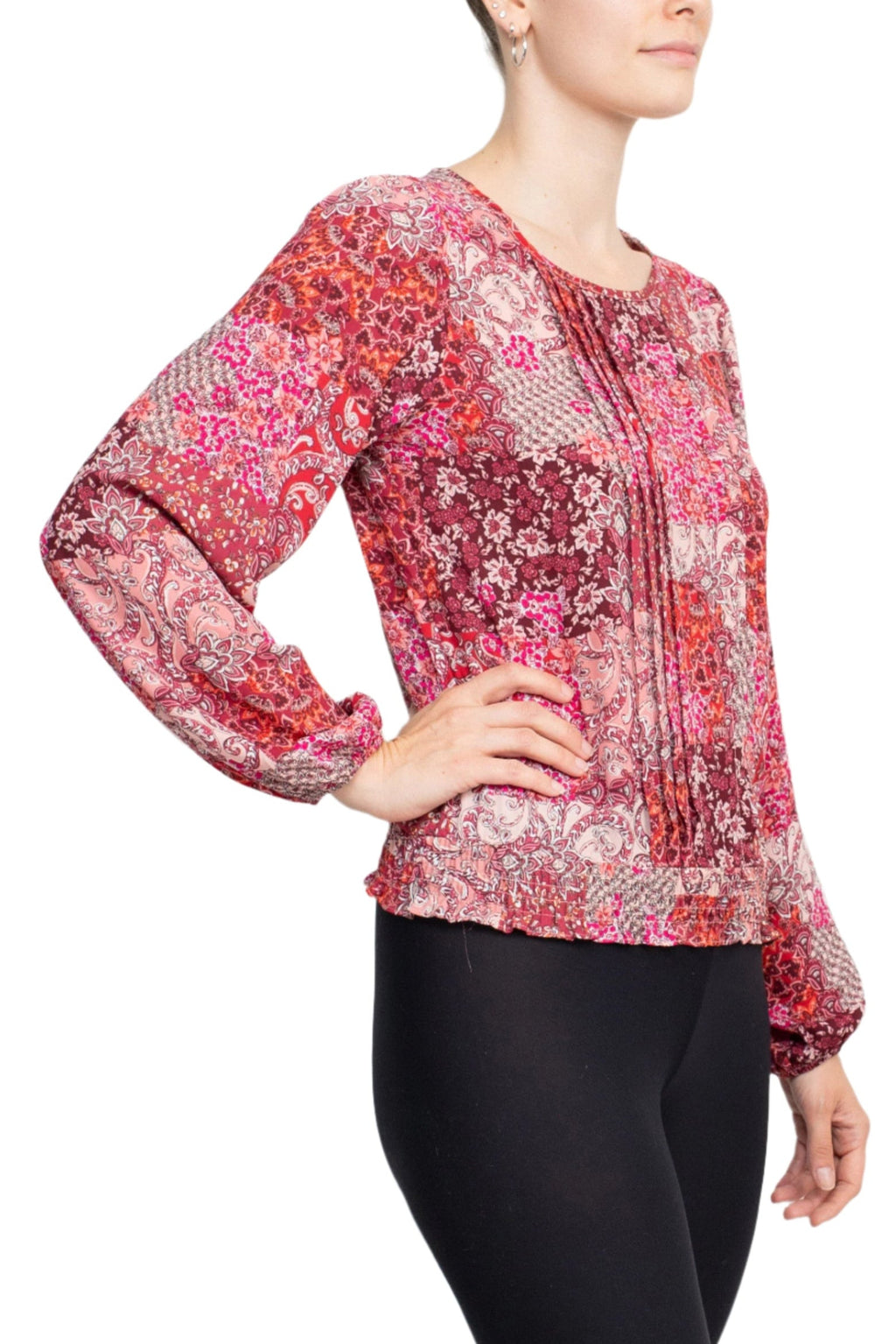 Counterparts Crew Neck Long Sleeve Elastic Cuff Pleated Front Multi Print Crepe Top