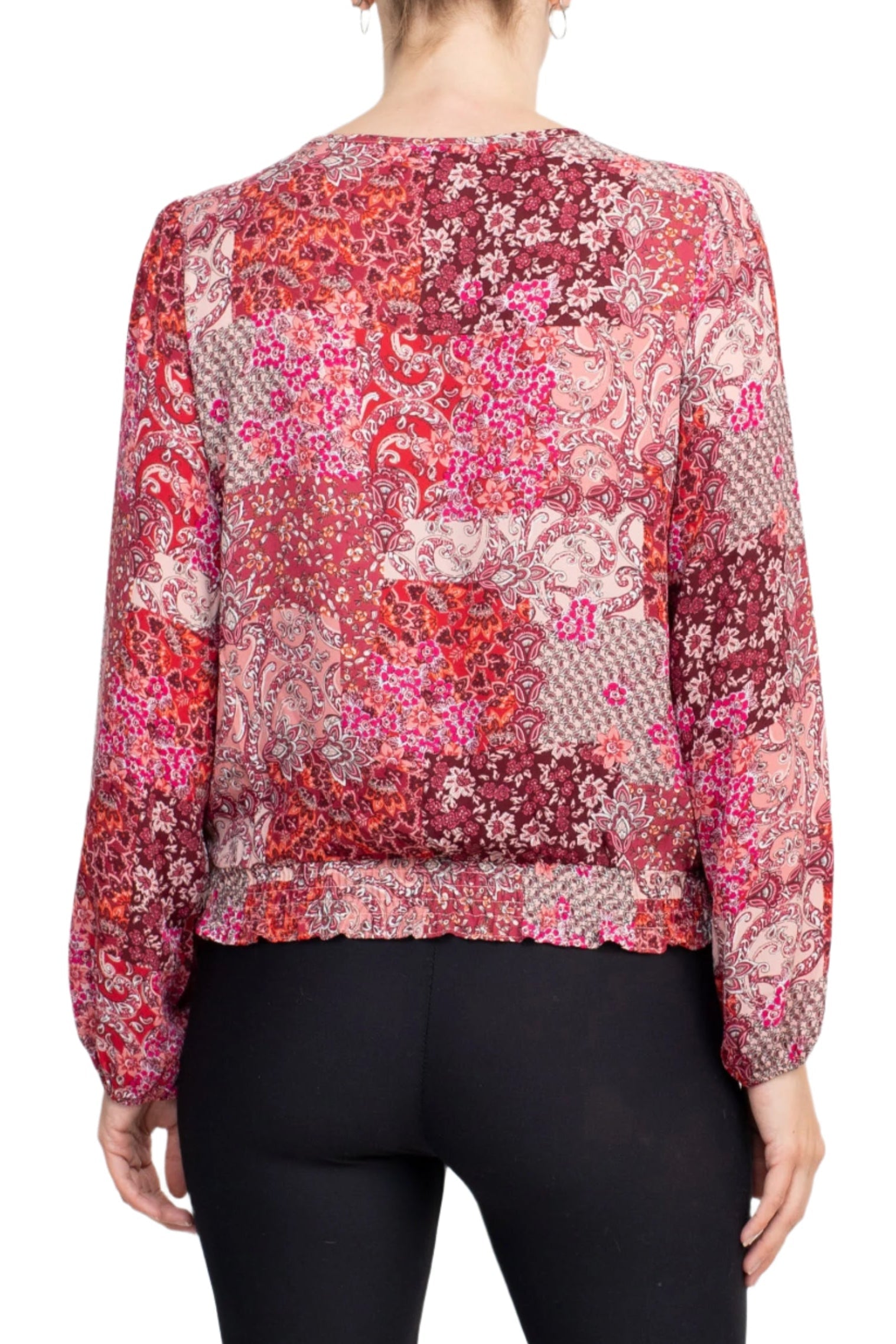 Counterparts Crew Neck Long Sleeve Elastic Cuff Pleated Front Multi Print Crepe Top