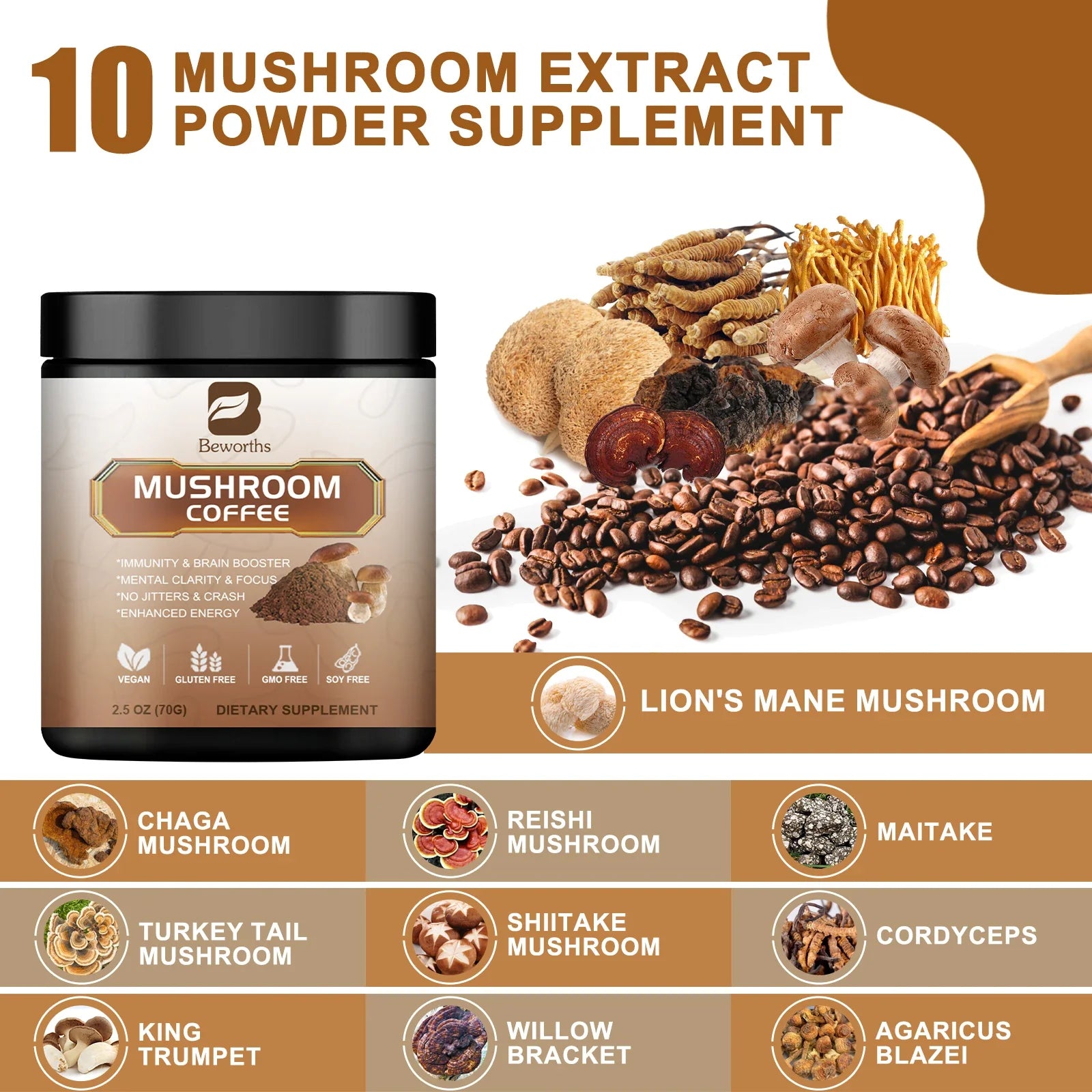 BWEORTHS Mushroom Coffee 250G - 10 in 1 Health Boost