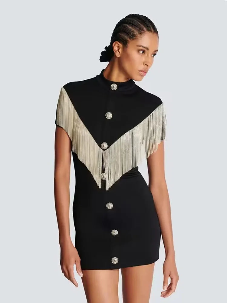 Black Mini Bodycon Dress with Button Tassel For Women, Meatpacking District, BYMANYC New York.