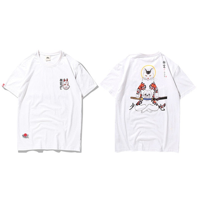 Men Harajuku T Shirt Japanese Ninja Cat Skull Tshirt Hip Hop Streetwear Ukiyoe Embroidery T-Shirts Summer Cotton Tops Tees
