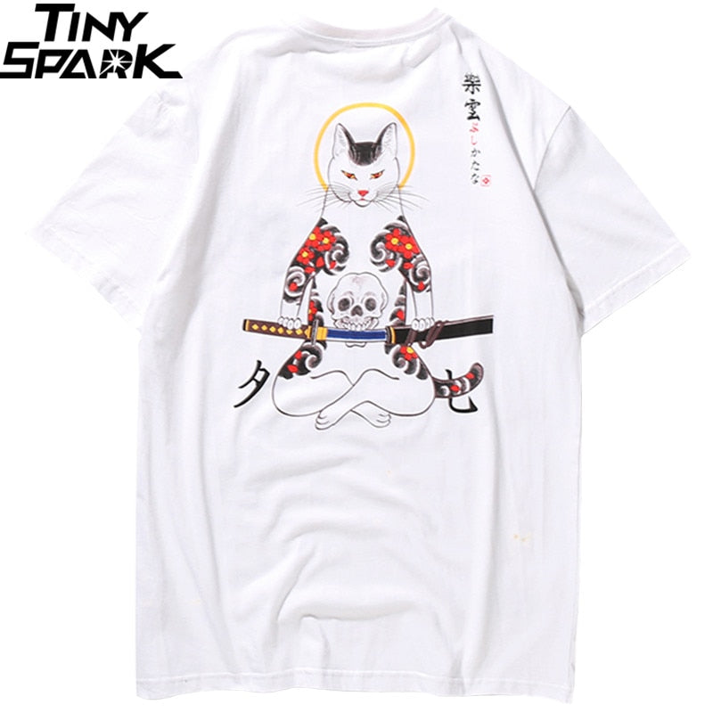 Men Harajuku T Shirt Japanese Ninja Cat Skull Tshirt Hip Hop Streetwear Ukiyoe Embroidery T-Shirts Summer Cotton Tops Tees