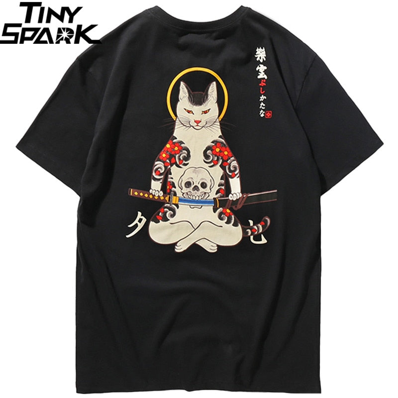 Men Harajuku T Shirt Japanese Ninja Cat Skull Tshirt Hip Hop Streetwear Ukiyoe Embroidery T-Shirts Summer Cotton Tops Tees