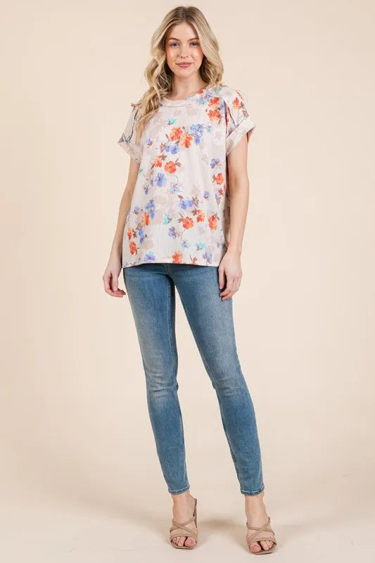 BOMBOM Floral Round Neck RIbbed T-Shirt-4