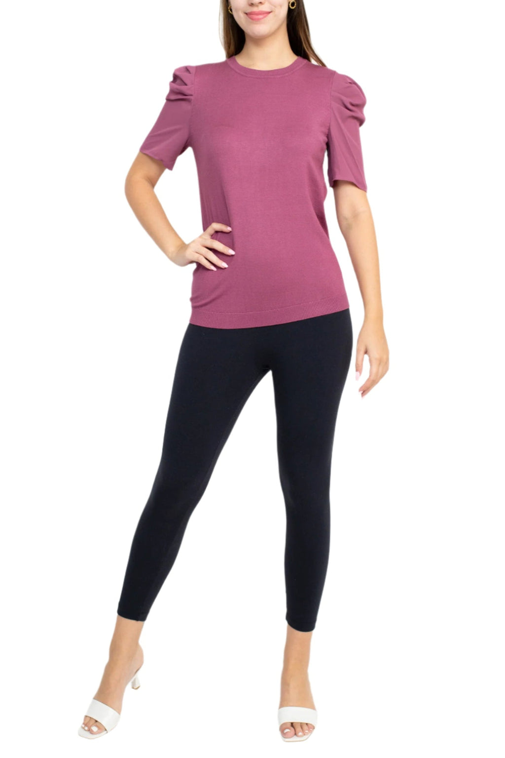 Adrianna Papell Crew Neck Short Sleeve Ruffled Shoulder Solid Knit Top
