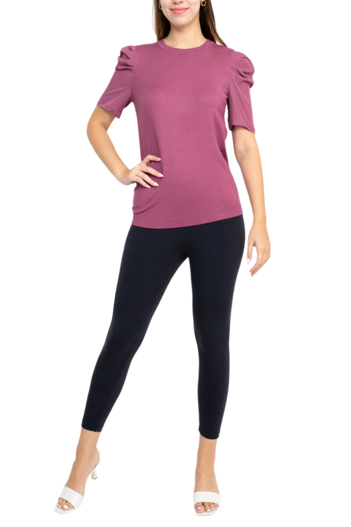 Adrianna Papell Crew Neck Short Sleeve Ruffled Shoulder Solid Knit Top