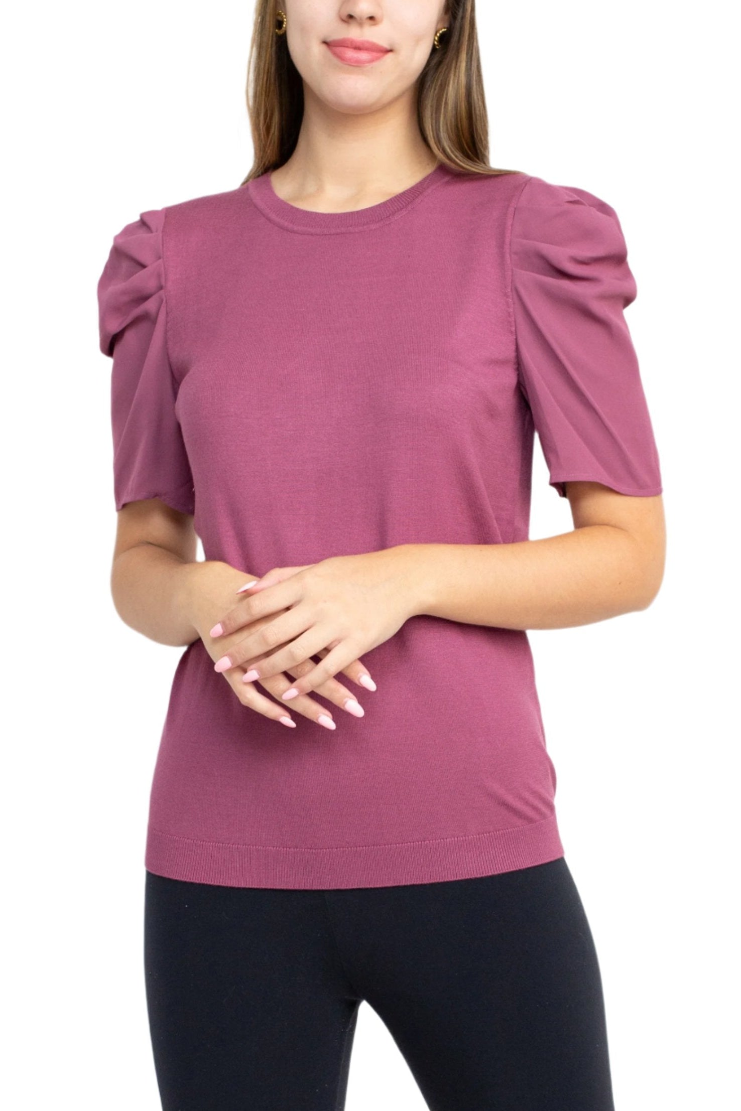 Adrianna Papell Crew Neck Short Sleeve Ruffled Shoulder Solid Knit Top