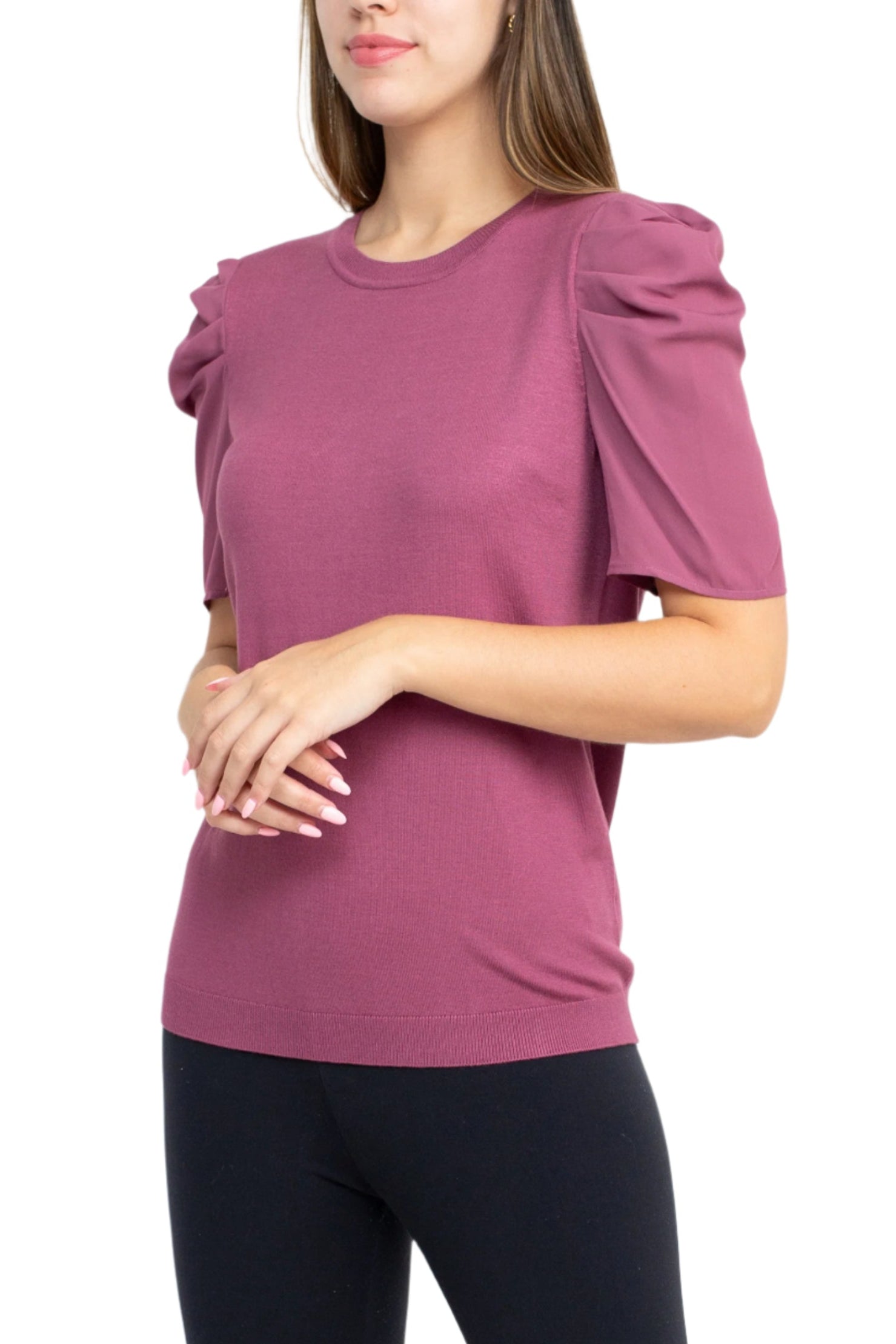 Adrianna Papell Crew Neck Short Sleeve Ruffled Shoulder Solid Knit Top