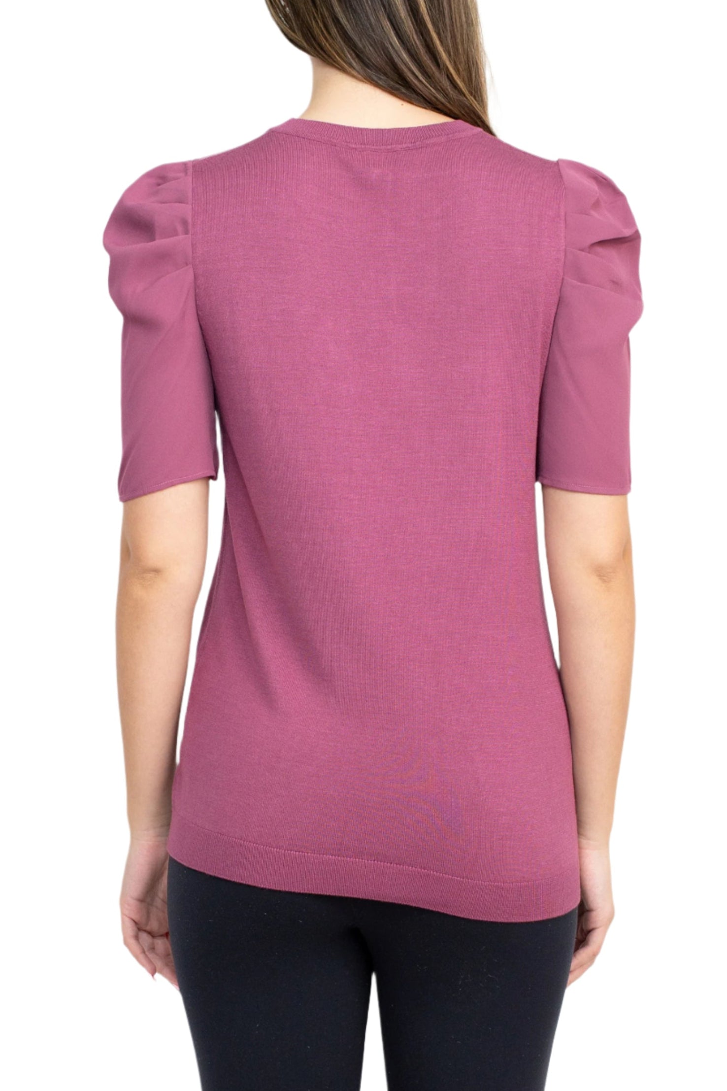 Adrianna Papell Crew Neck Short Sleeve Ruffled Shoulder Solid Knit Top