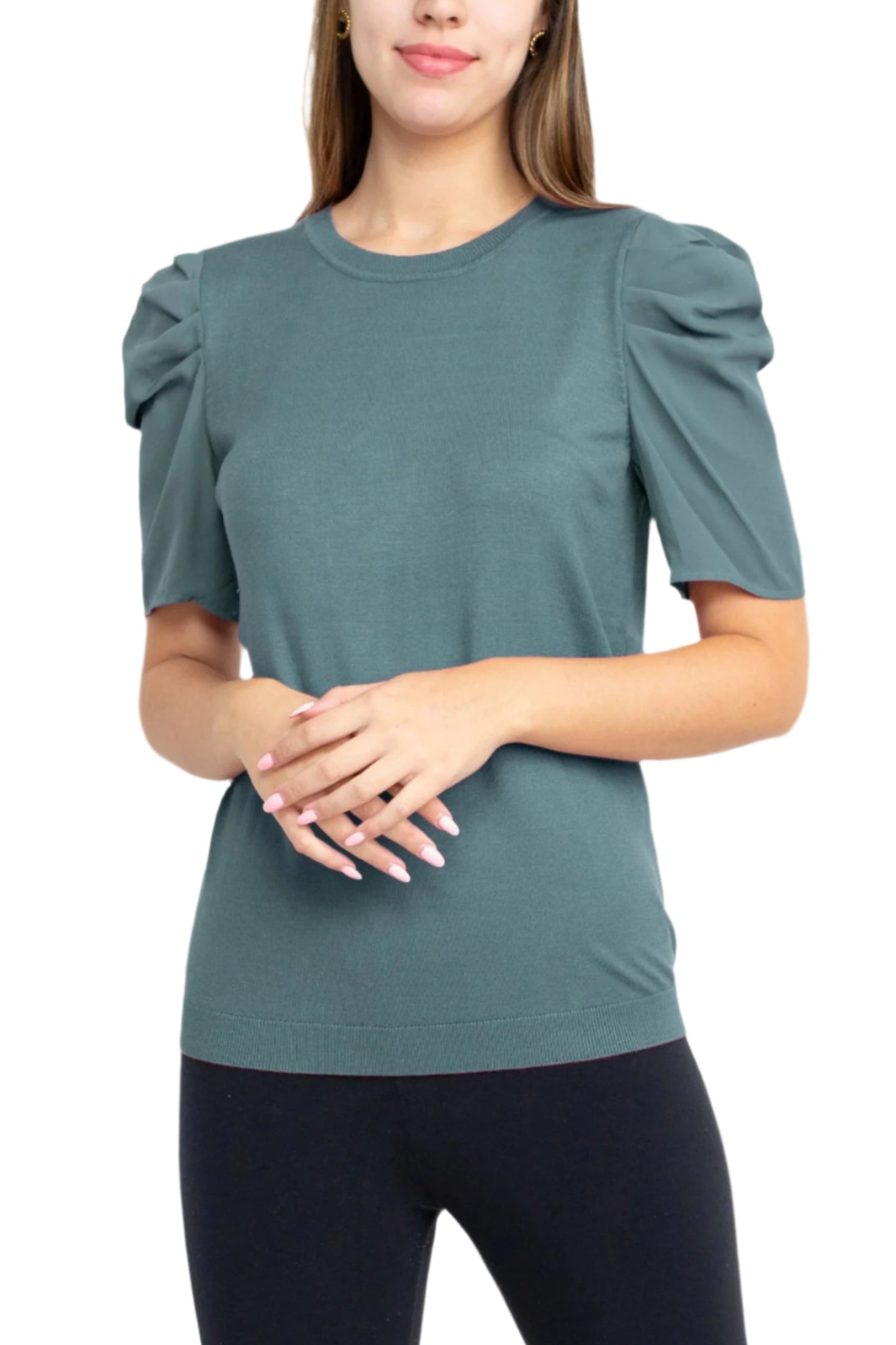 Adrianna Papell Crew Neck Short Sleeve Ruffled Shoulder Solid Knit Top