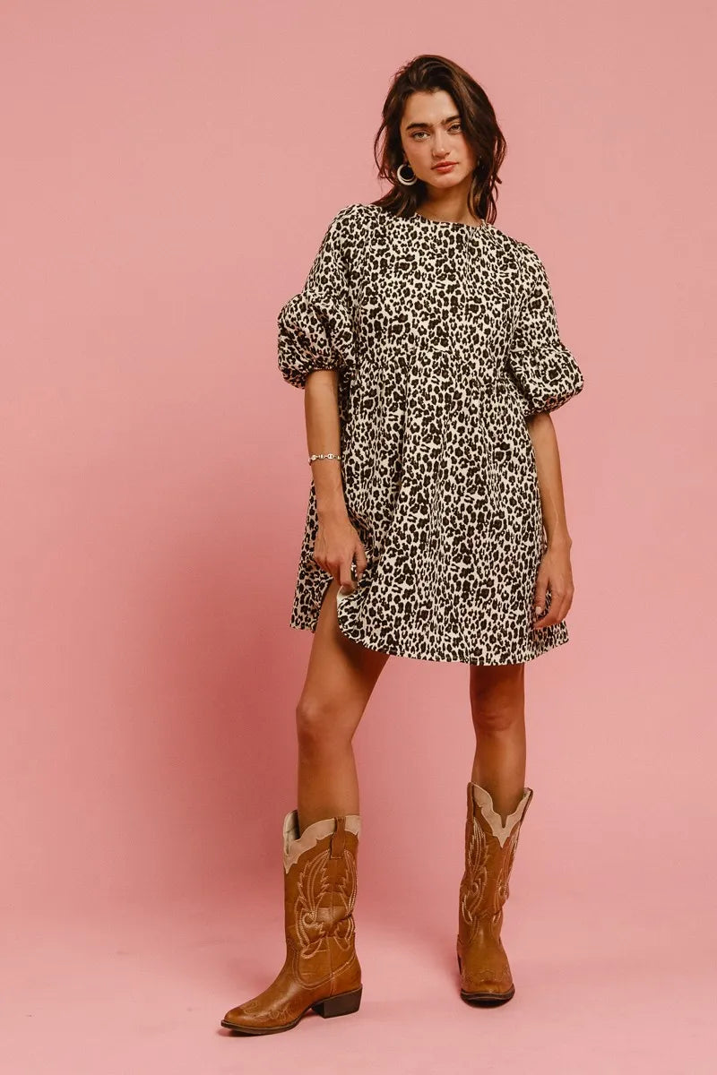 BiBi Leopard Denim Dress With Back Contrast Tie Detail-3
