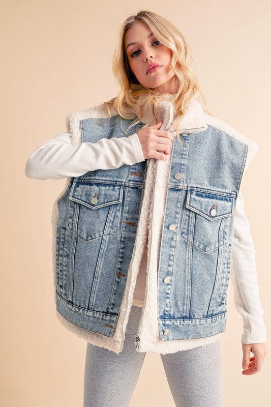 Aemi + Co 2-Piece Faux Denim Patch Sherpa Vest Coat-2
