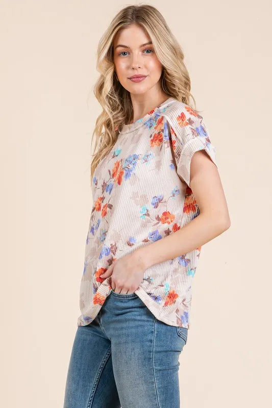 BOMBOM Floral Round Neck RIbbed T-Shirt-2
