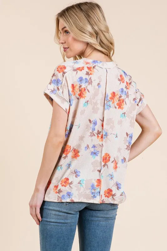 BOMBOM Floral Round Neck RIbbed T-Shirt-1