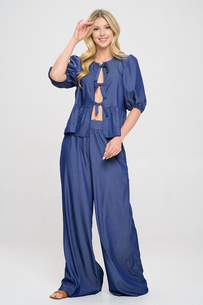Denim Tencel Puff Sleeve Top with Front Bow Detail