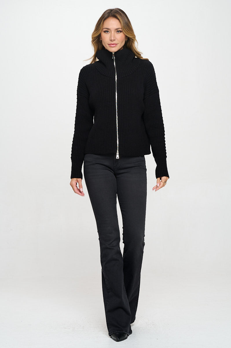 Cotton Knit Detail Long Sleeve Zip Up Sweater