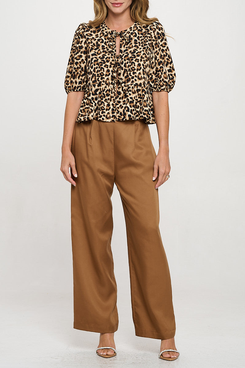 Animal Print Puff Sleeve Top with Front Bow Detail