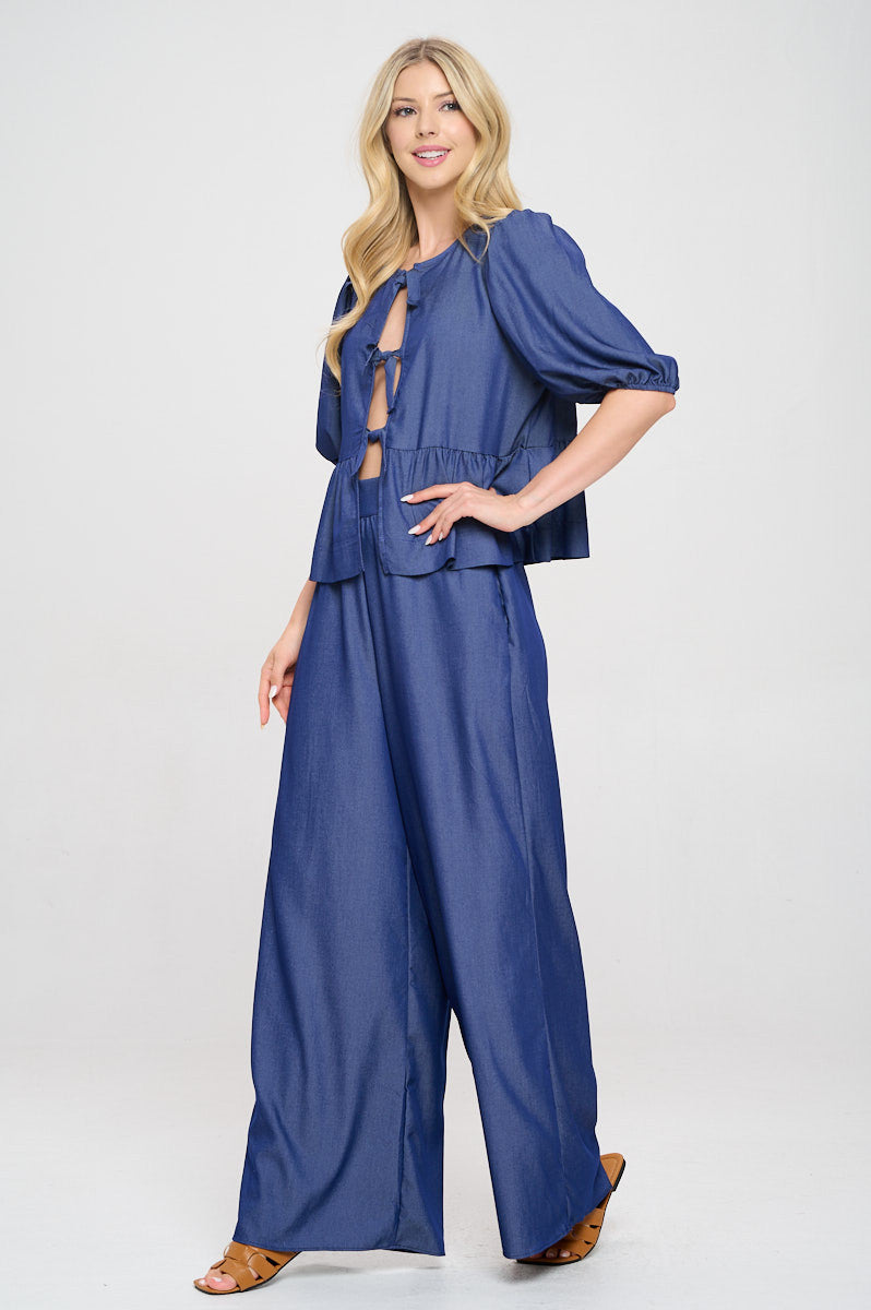 Denim Tencel Puff Sleeve Top with Front Bow Detail