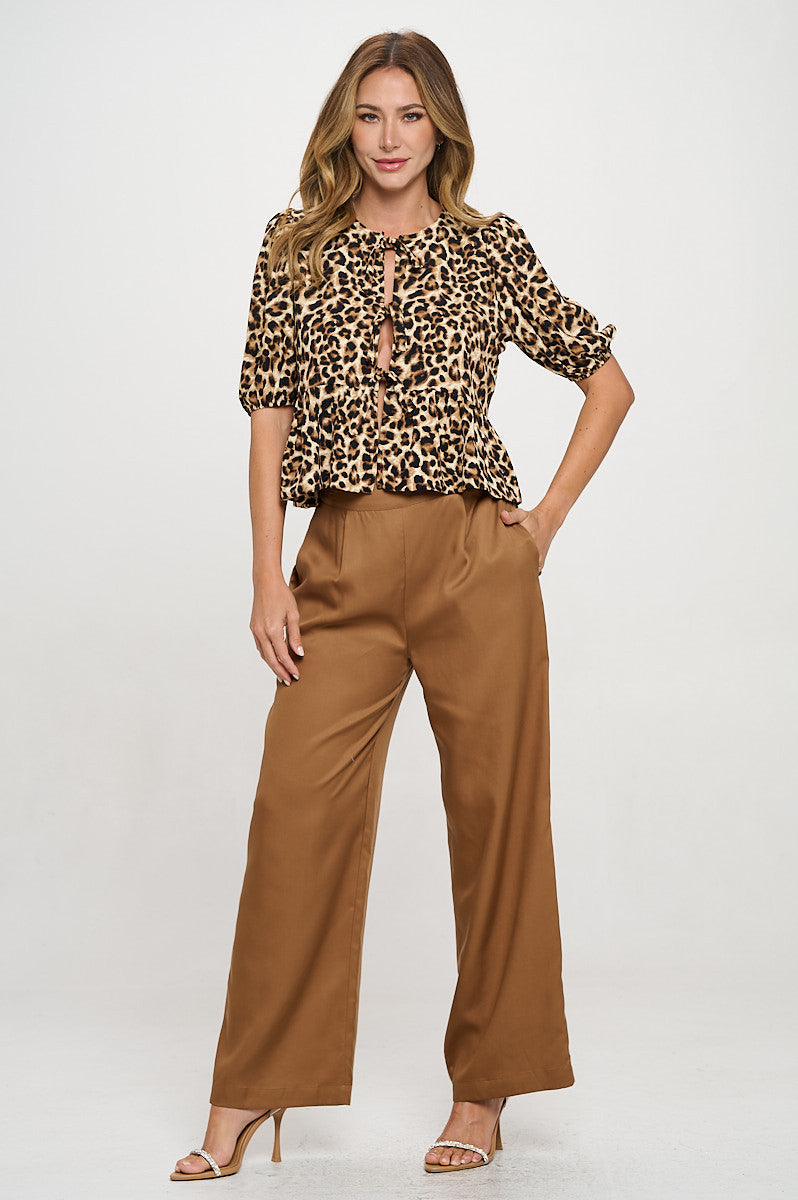Animal Print Puff Sleeve Top with Front Bow Detail