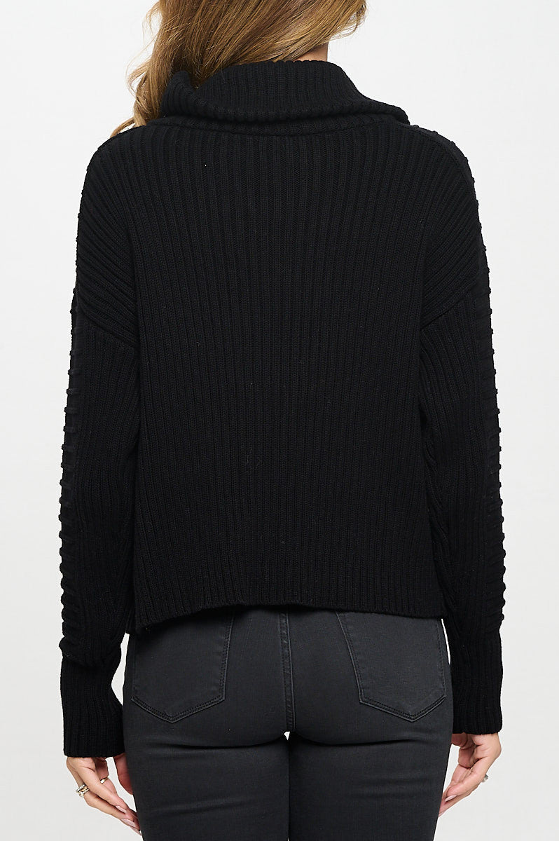 Cotton Knit Detail Long Sleeve Zip Up Sweater