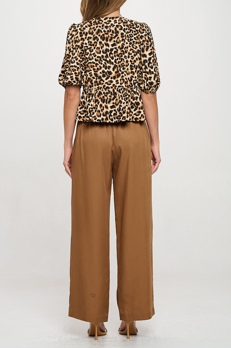 Animal Print Puff Sleeve Top with Front Bow Detail