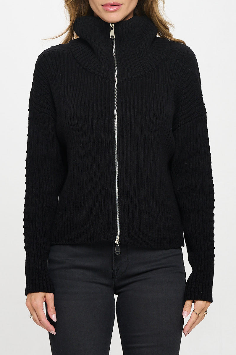 Cotton Knit Detail Long Sleeve Zip Up Sweater