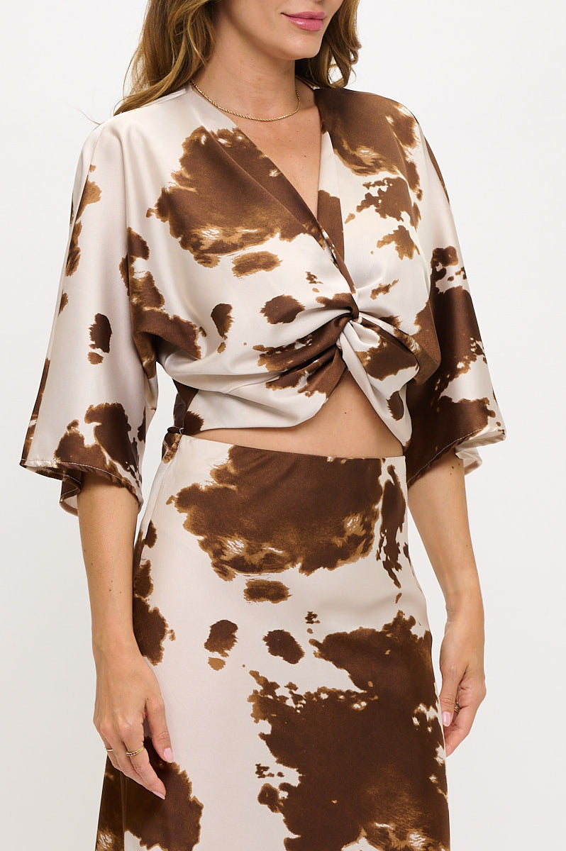 Cow Print Mid Sleeve Top with Front Twist