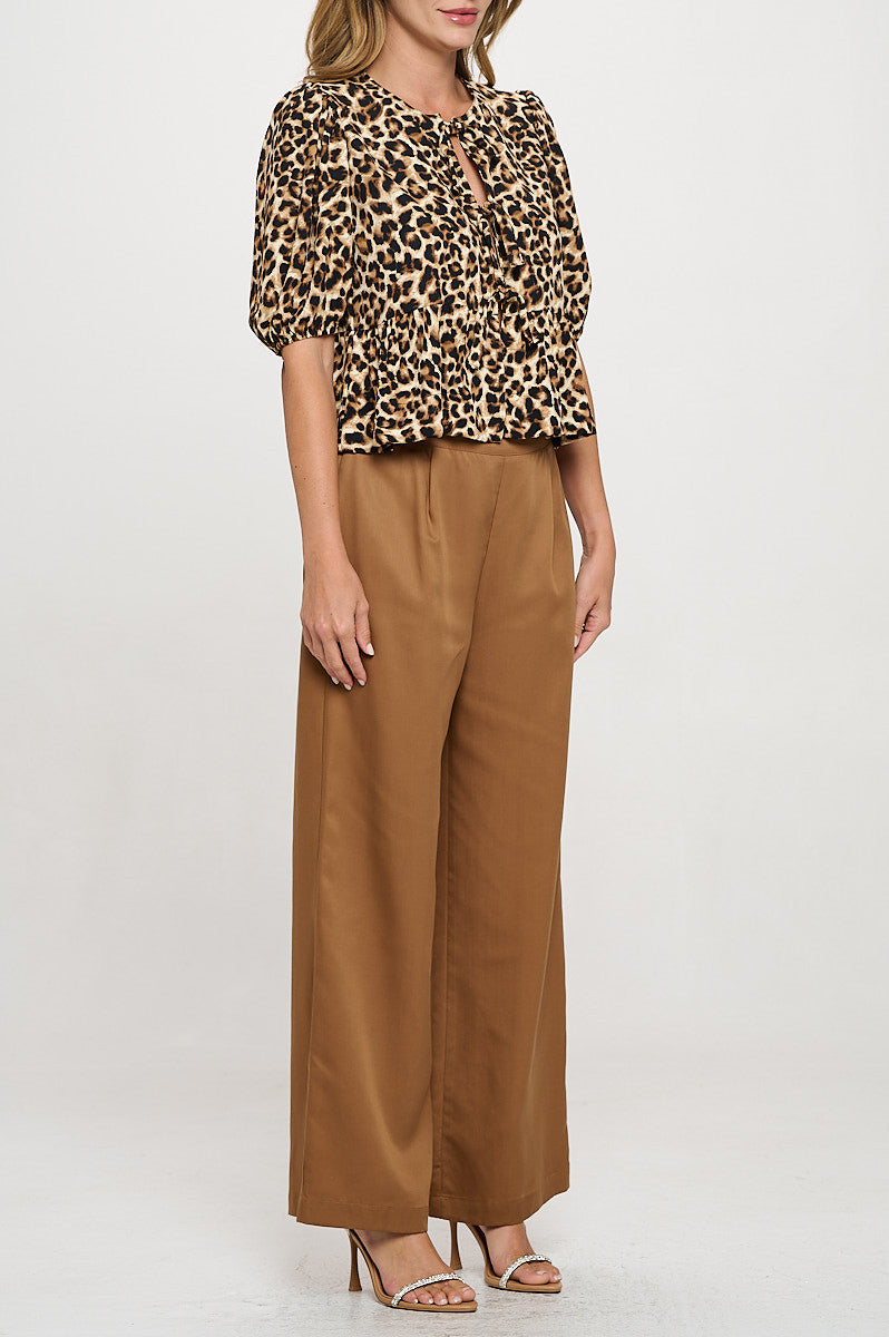 Animal Print Puff Sleeve Top with Front Bow Detail
