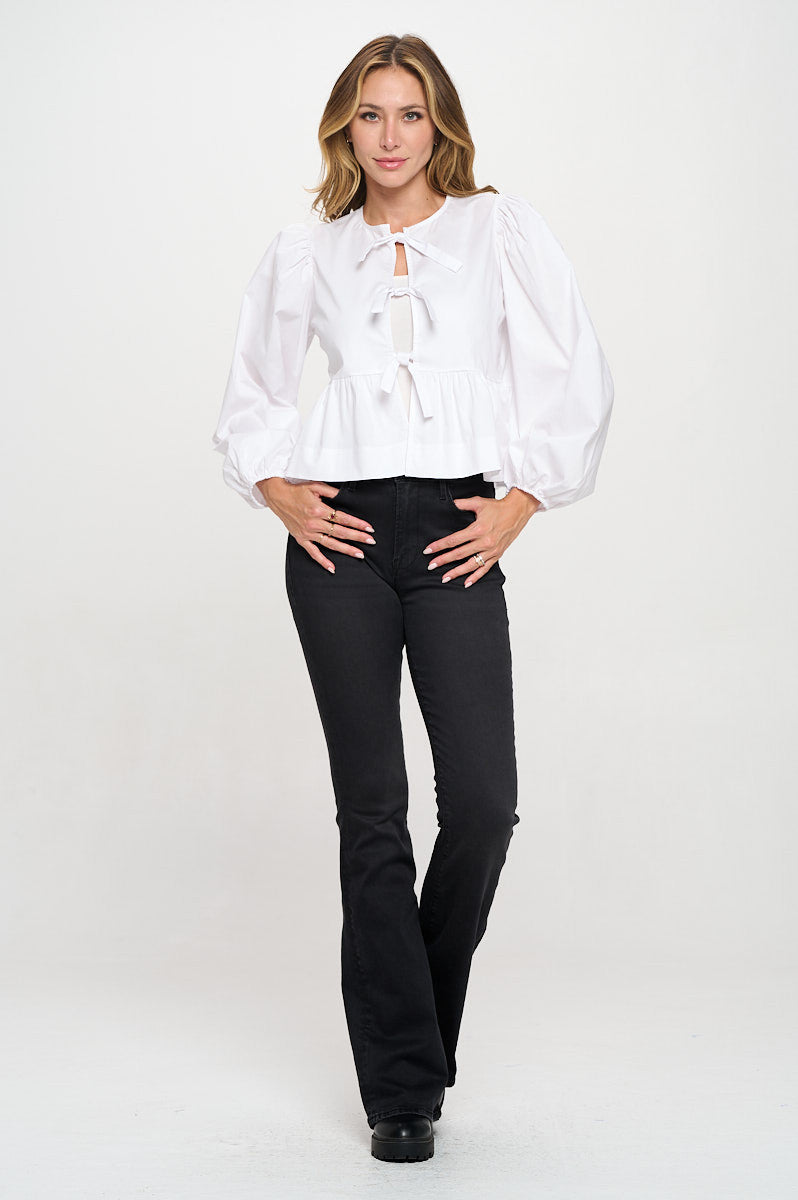 Cotton Solid Long Puff Sleeve Top with Open Front Tie Detail