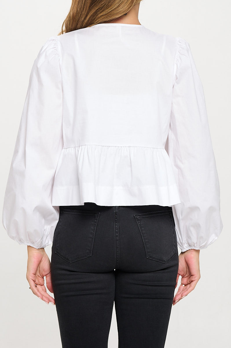 Cotton Solid Long Puff Sleeve Top with Open Front Tie Detail