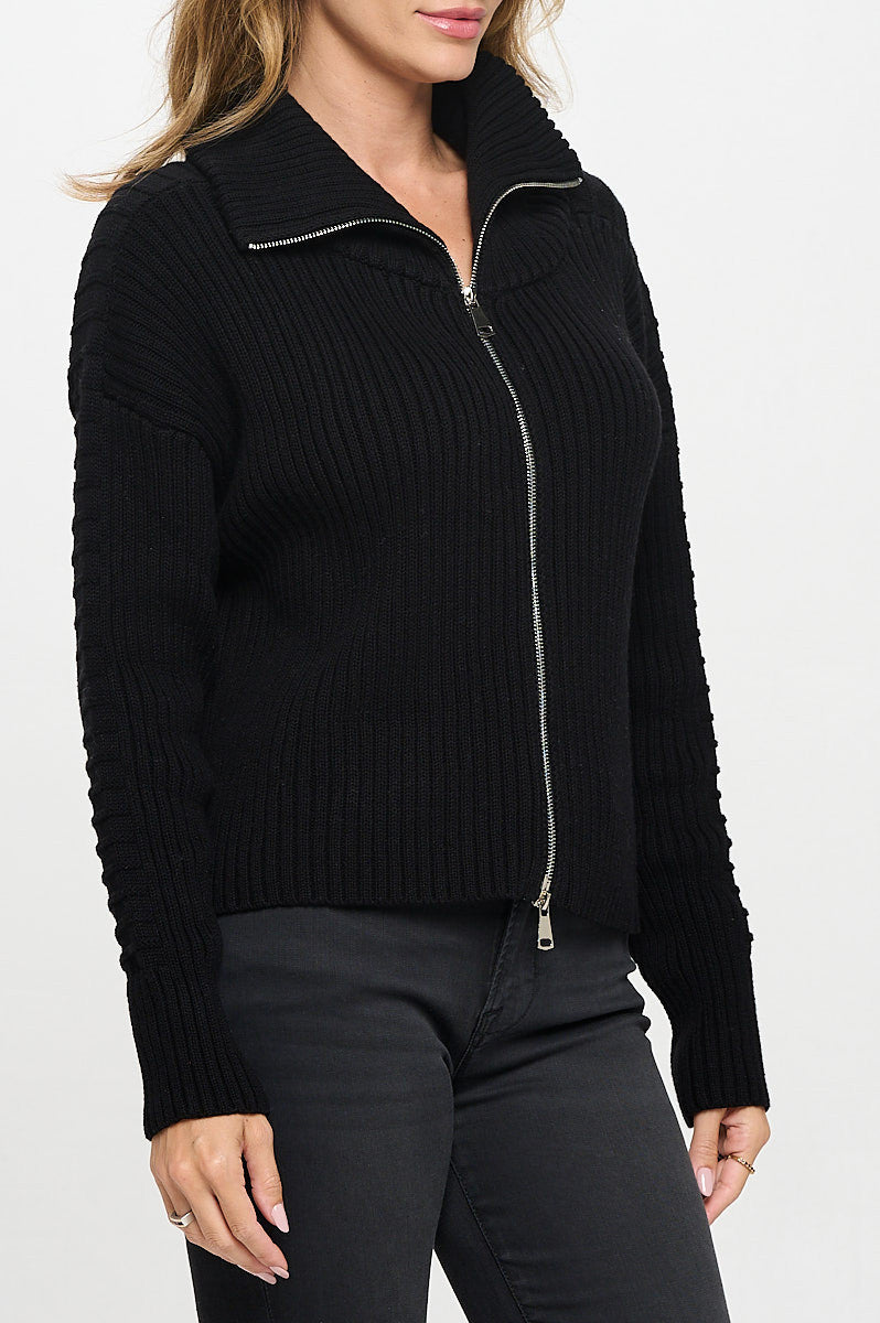 Cotton Knit Detail Long Sleeve Zip Up Sweater