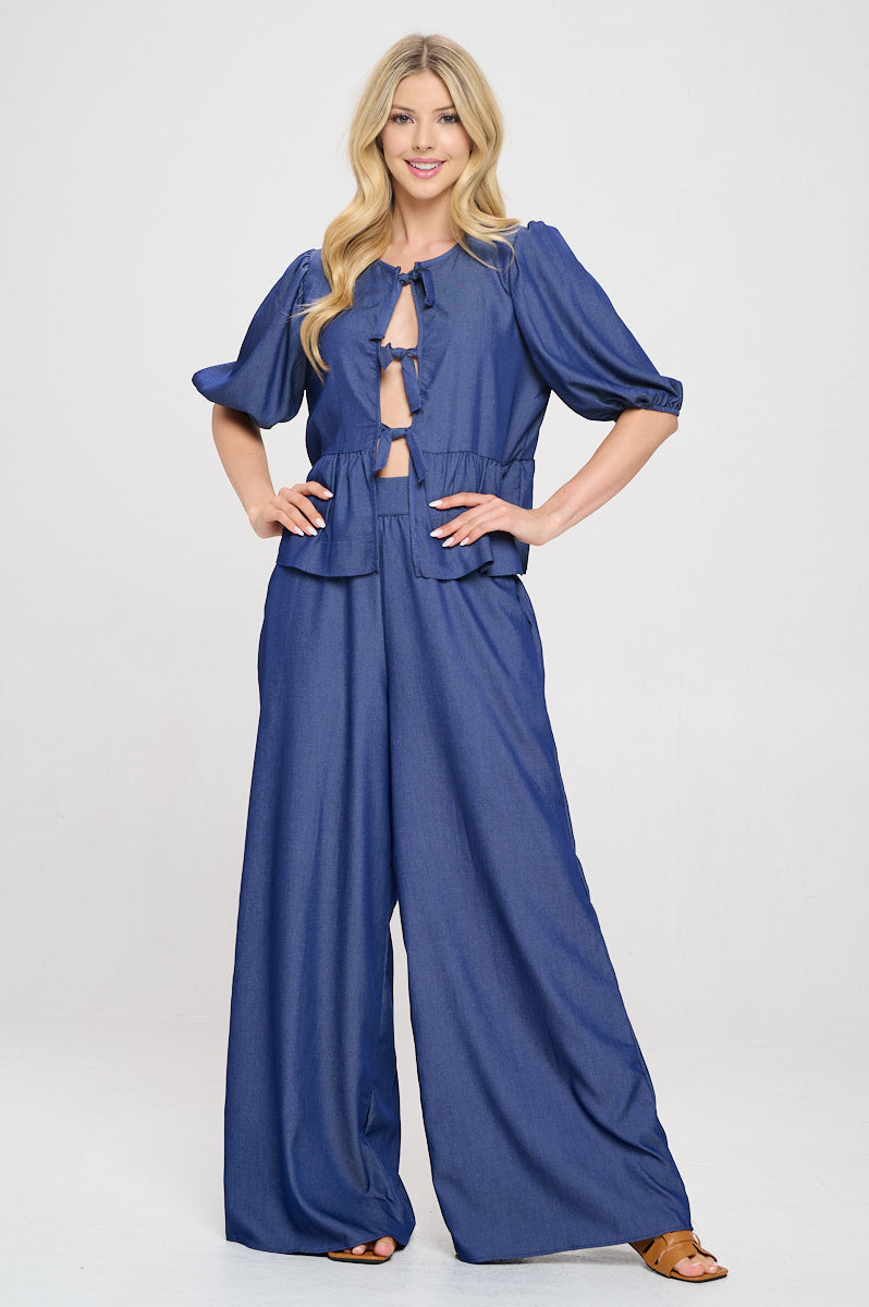 Denim Tencel Puff Sleeve Top with Front Bow Detail