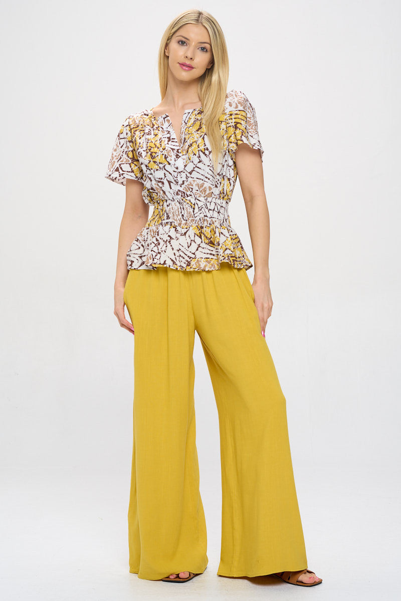 Abstract Print V neck Short Sleeve Top with Smock Waist Detail