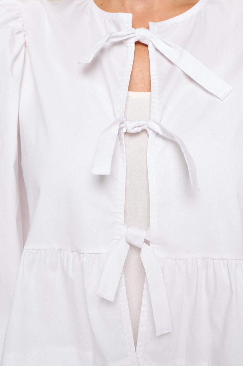Cotton Solid Long Puff Sleeve Top with Open Front Tie Detail