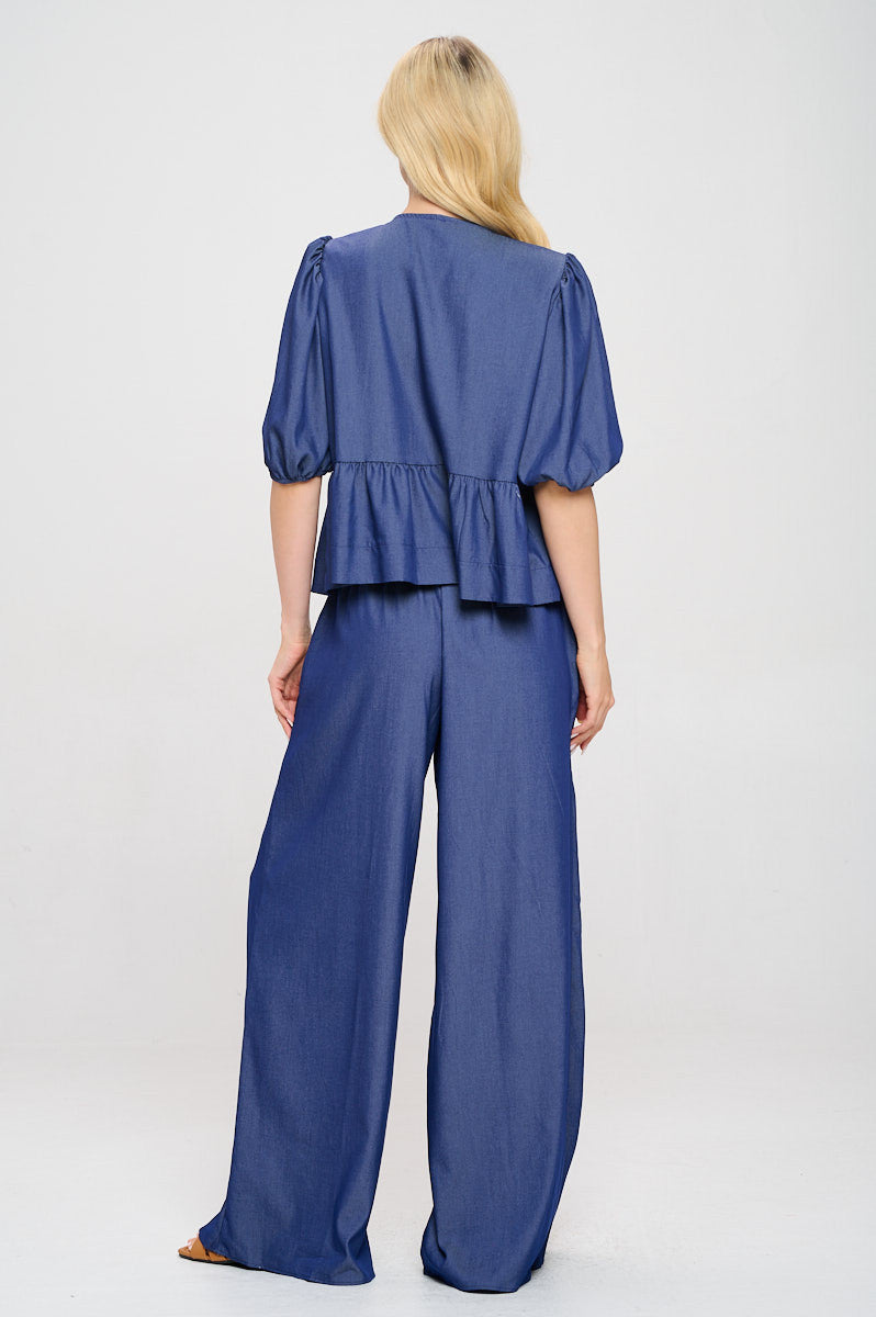 Denim Tencel Puff Sleeve Top with Front Bow Detail