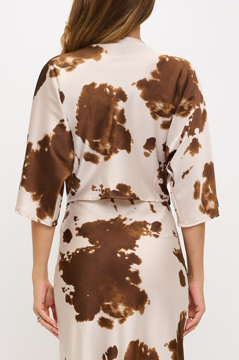 Cow Print Mid Sleeve Top with Front Twist