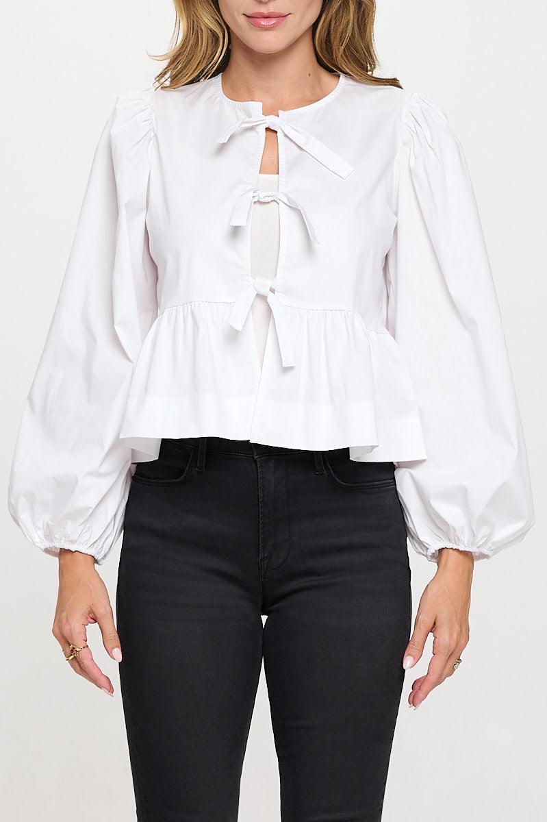 Cotton Solid Long Puff Sleeve Top with Open Front Tie Detail