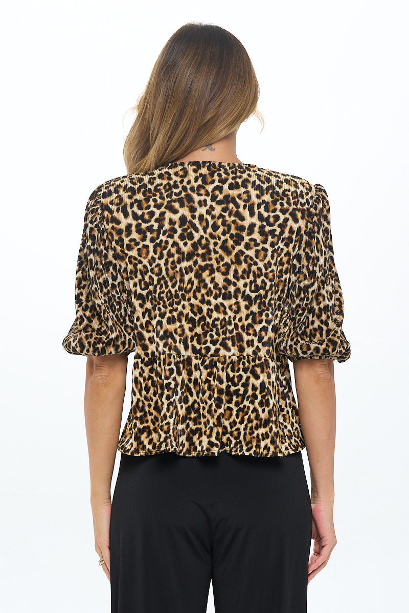 Animal Print Plisse Puff Sleeve Top with Front Tie Detail