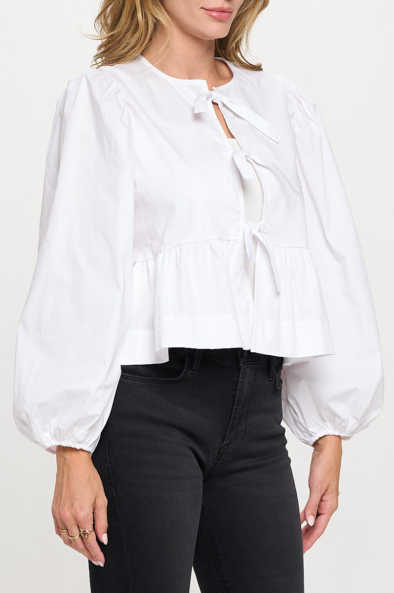 Cotton Solid Long Puff Sleeve Top with Open Front Tie Detail